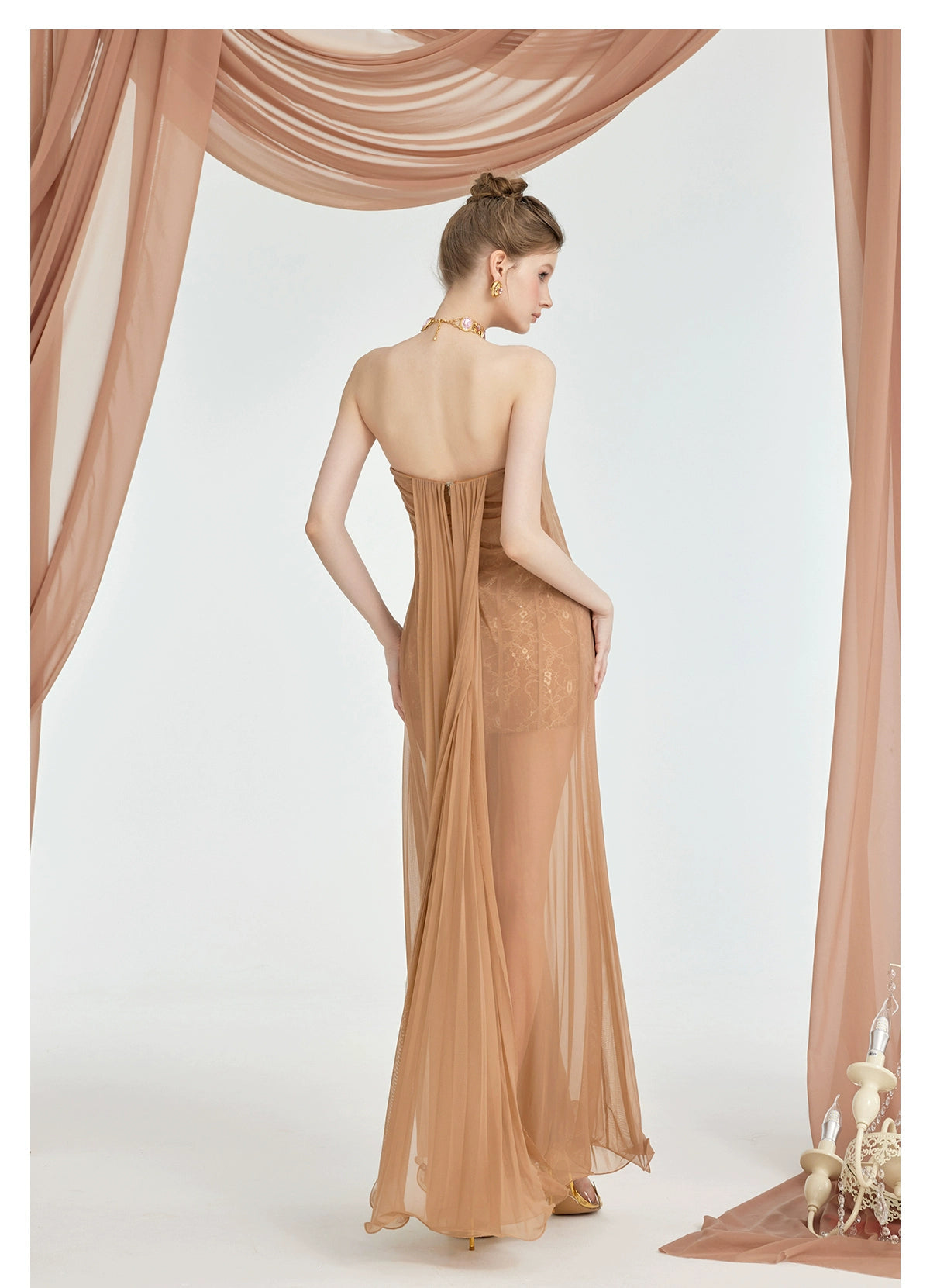 Sheer Luck Thea Strapless Mesh Backless Dress Brown