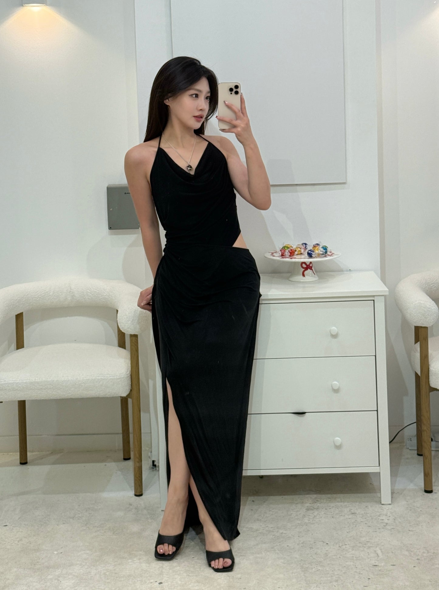 ELYWOOD BLACK CUPRO HALTER KNIT SLIT DRESS