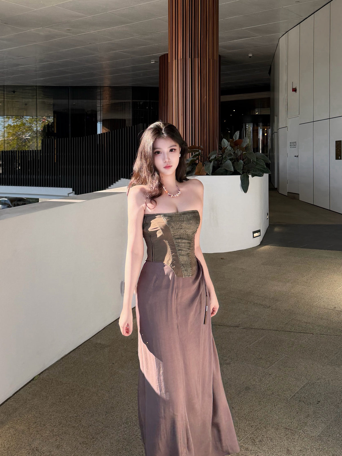 Elywood BROWN JACQUARD BLEND TUBE TOP