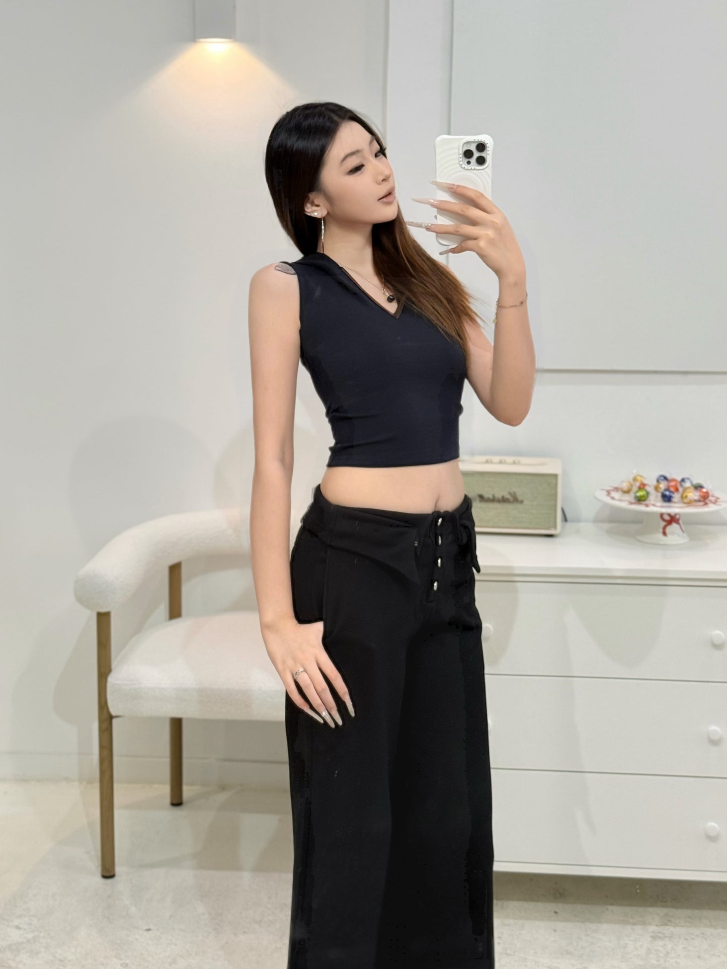 YJ1 DOUBLE-LAYER COLLAR WIDE-LEG PANTS IN BLACK
