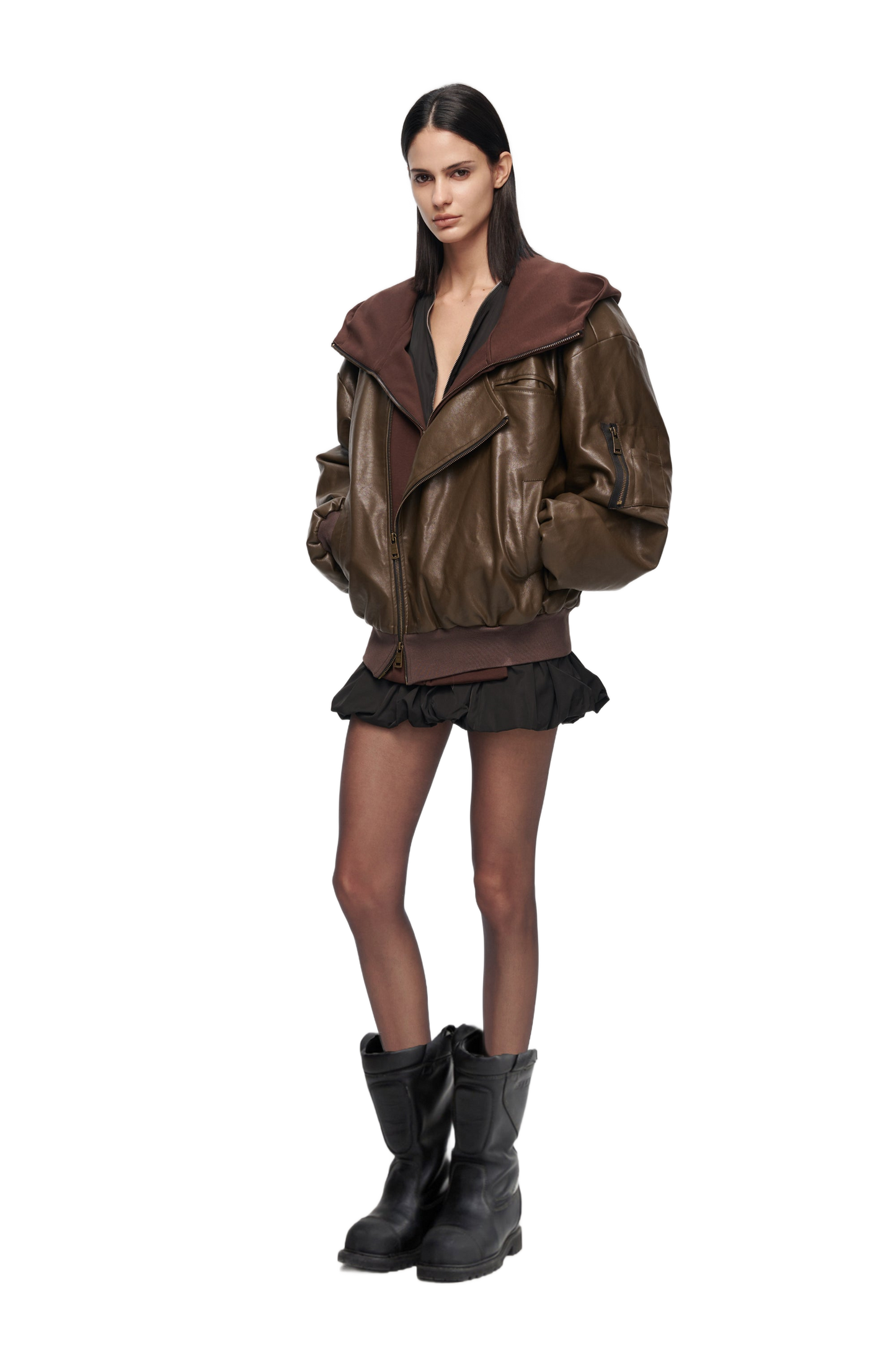 YJ1 OVERSIZED LEATHER BOMBER JACKET IN BROWN