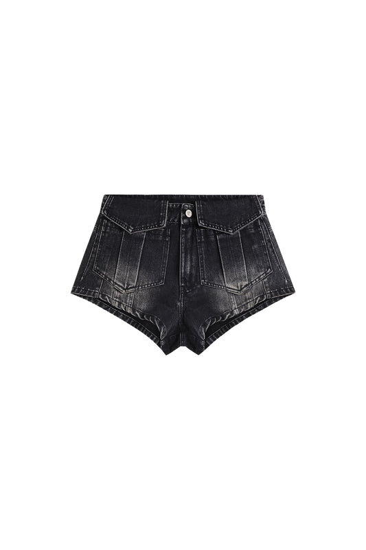 YJ1 WASHED ULTRA MINI DENIM SHORTS IN BLACK