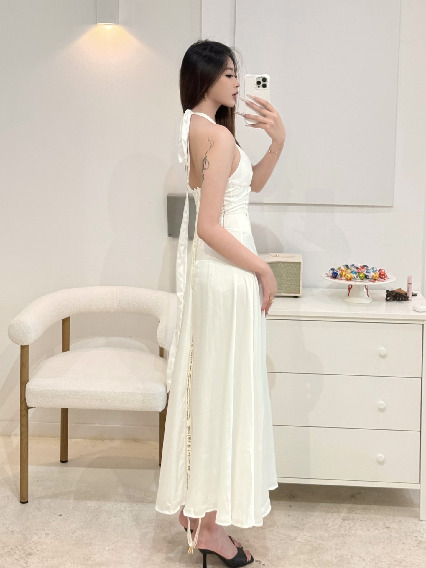 Sheer Luck French V-Neck Halter Midi Dress