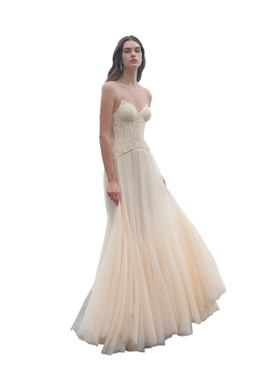 Sheer luck Heavy Lace Corset Mesh Maxi Dress-apricot