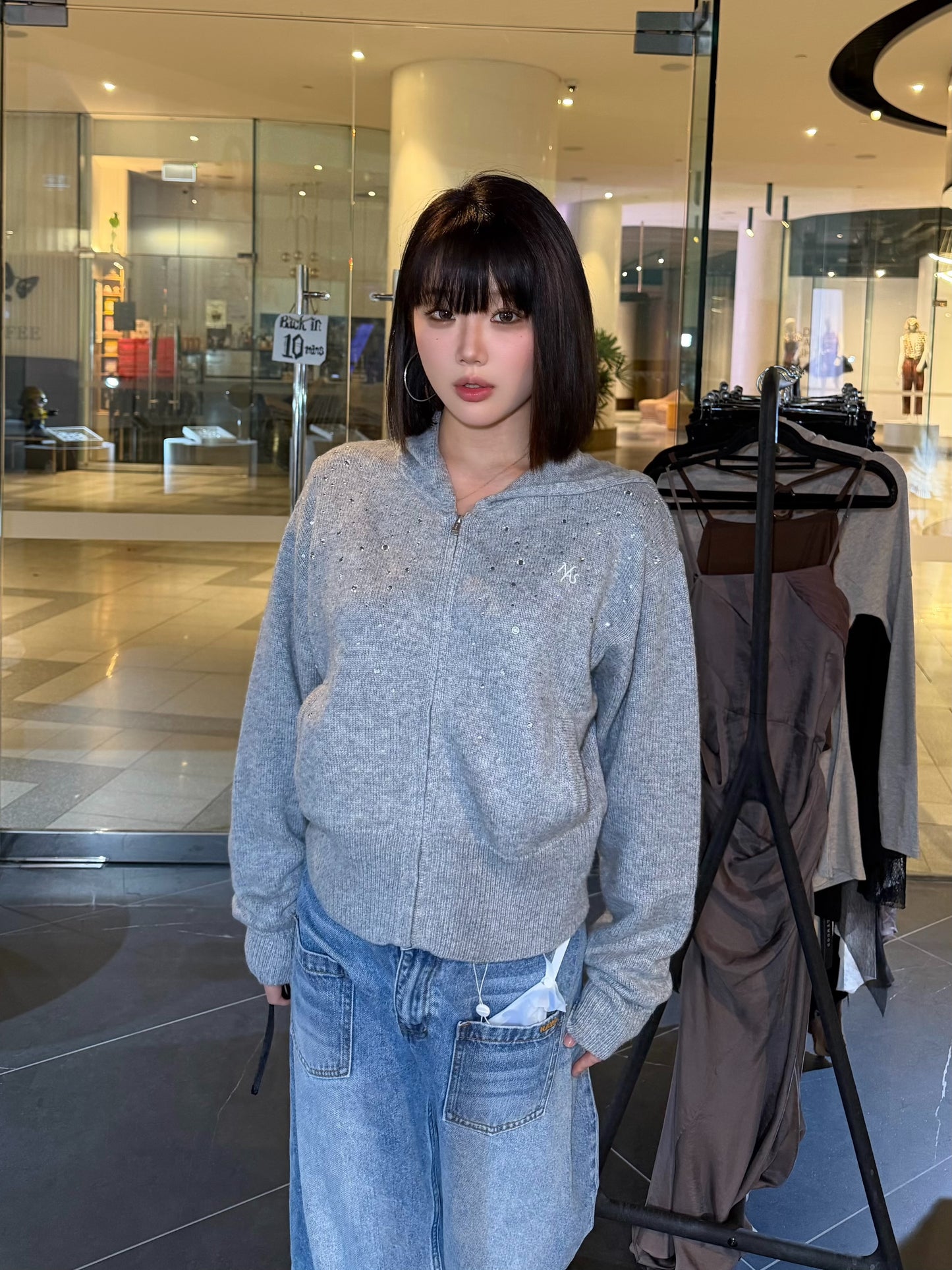 NAWS MIST GRAY GLITTER HOODED KNITWEAR