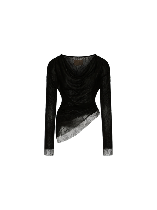 Elywood BLACK ASYMMETRIC SHEER OFF-SHOULDER TOP