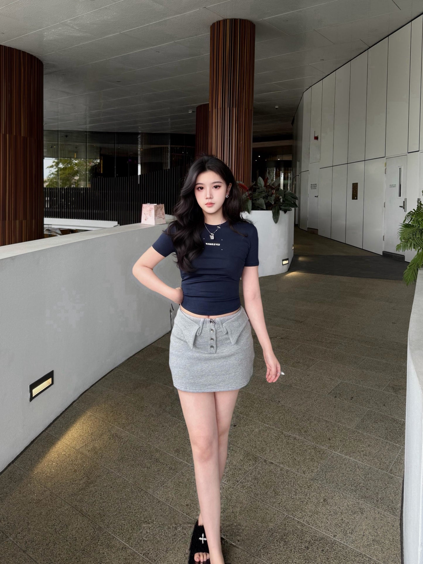 YJ1 FOLD-OVER WAIST BUTTON MINI SKIRT IN GRAY
