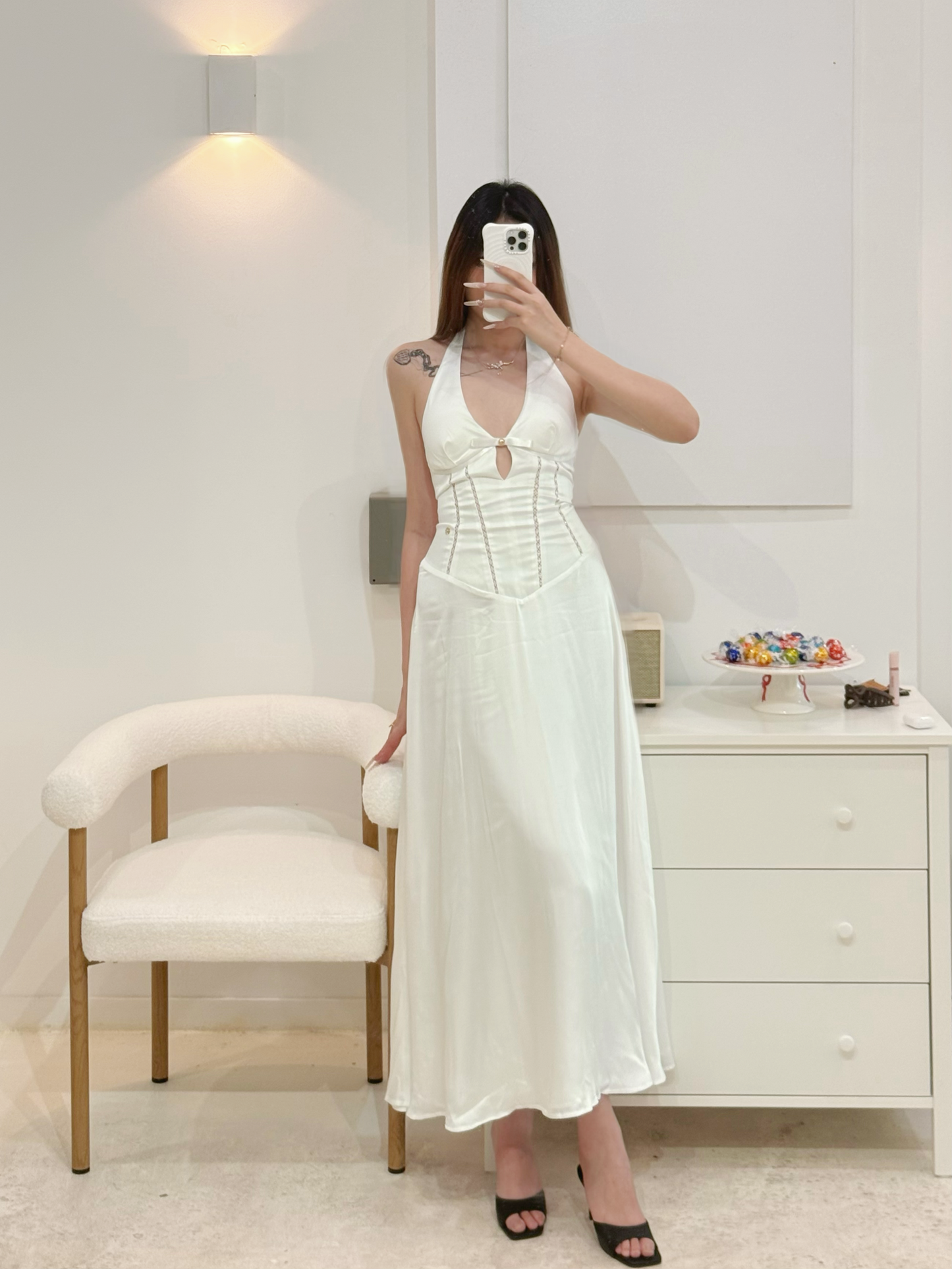 Sheer Luck French V-Neck Halter Midi Dress