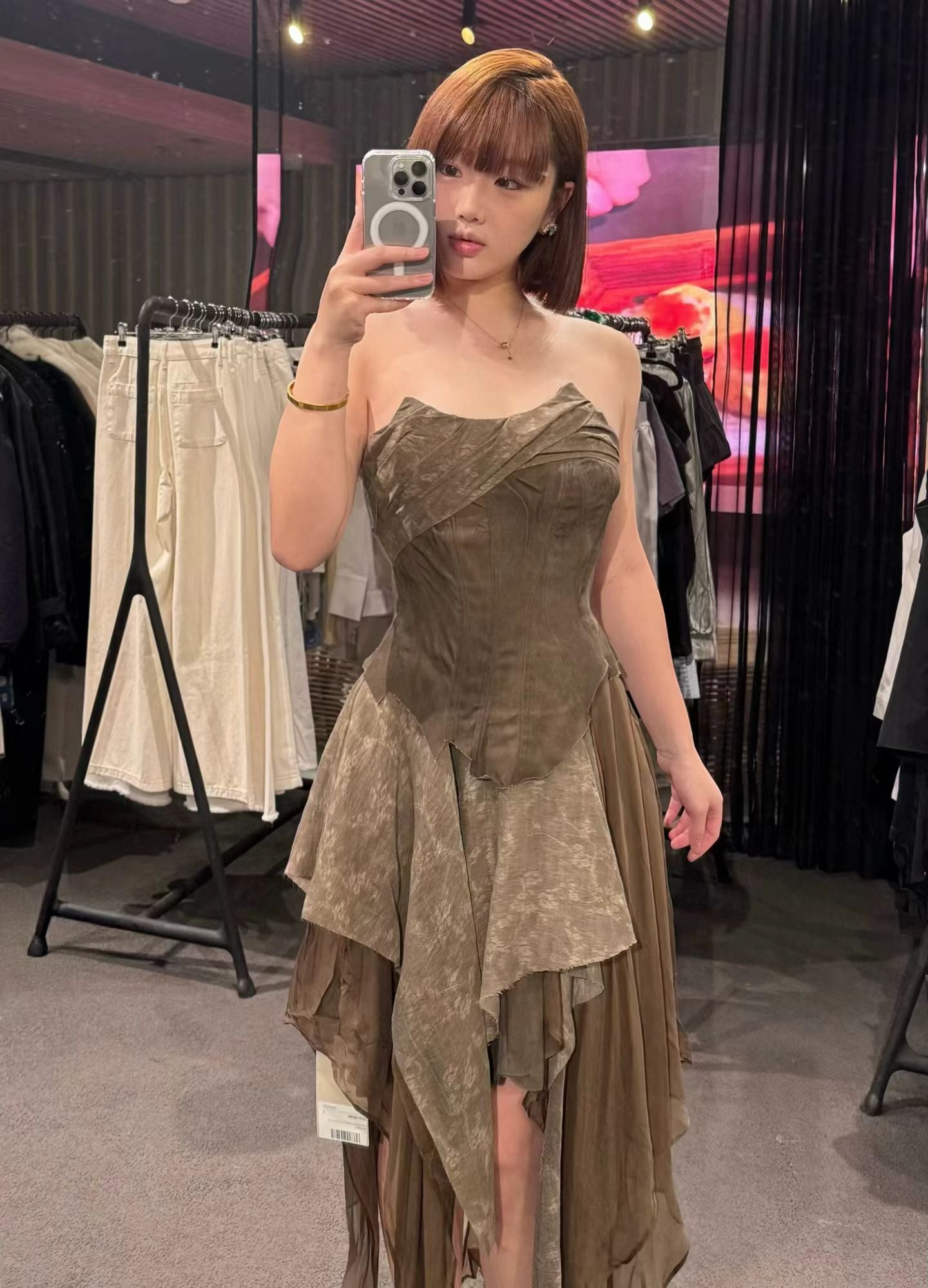 ELYWOOD DARK BROWN JACQUARD PLEATED TUBE DRESS