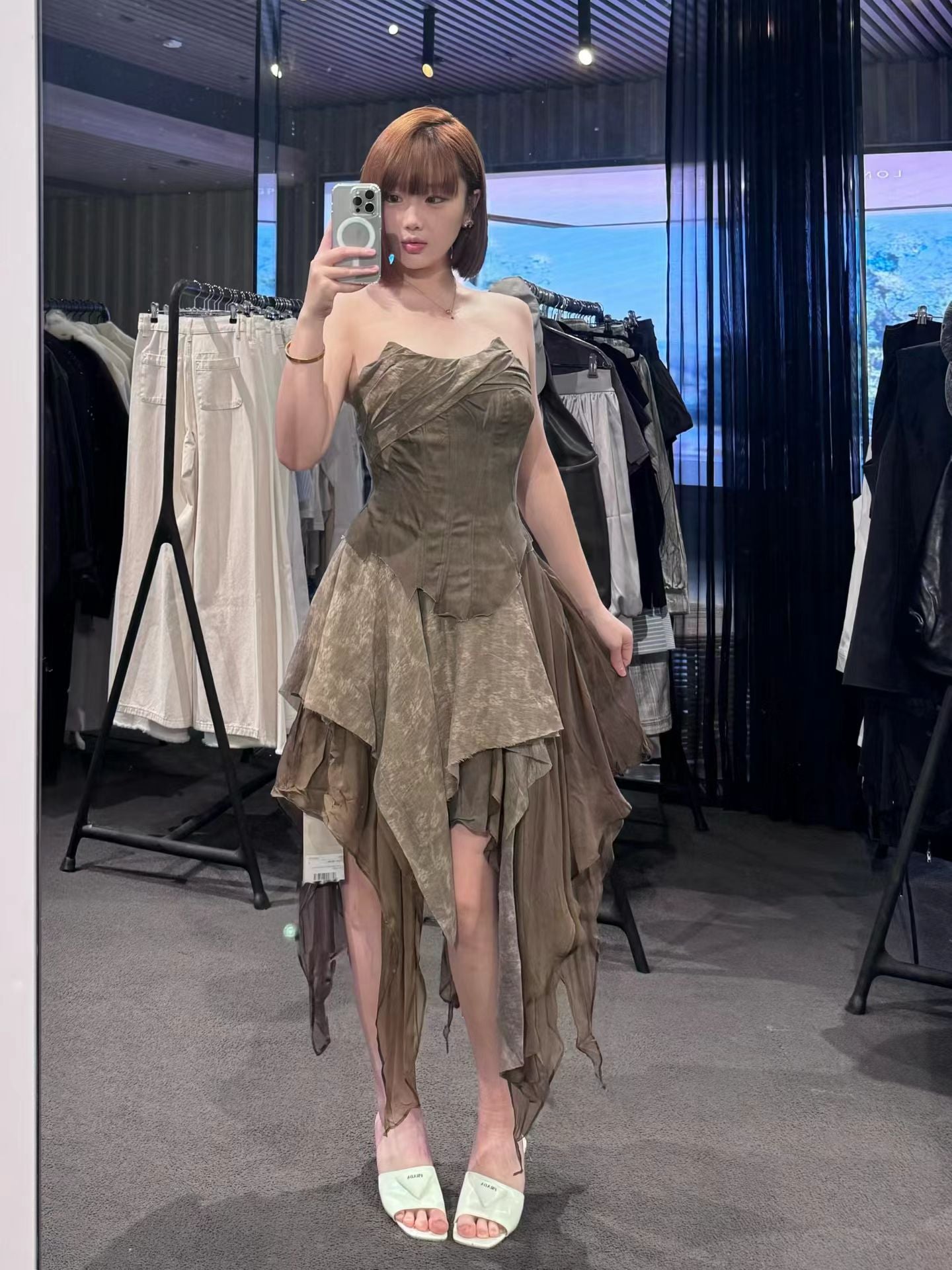 ELYWOOD DARK BROWN JACQUARD PLEATED TUBE DRESS