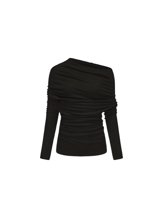 ELYWOOD BLACK ASYMMETRIC OFF-SHOULDER TOP
