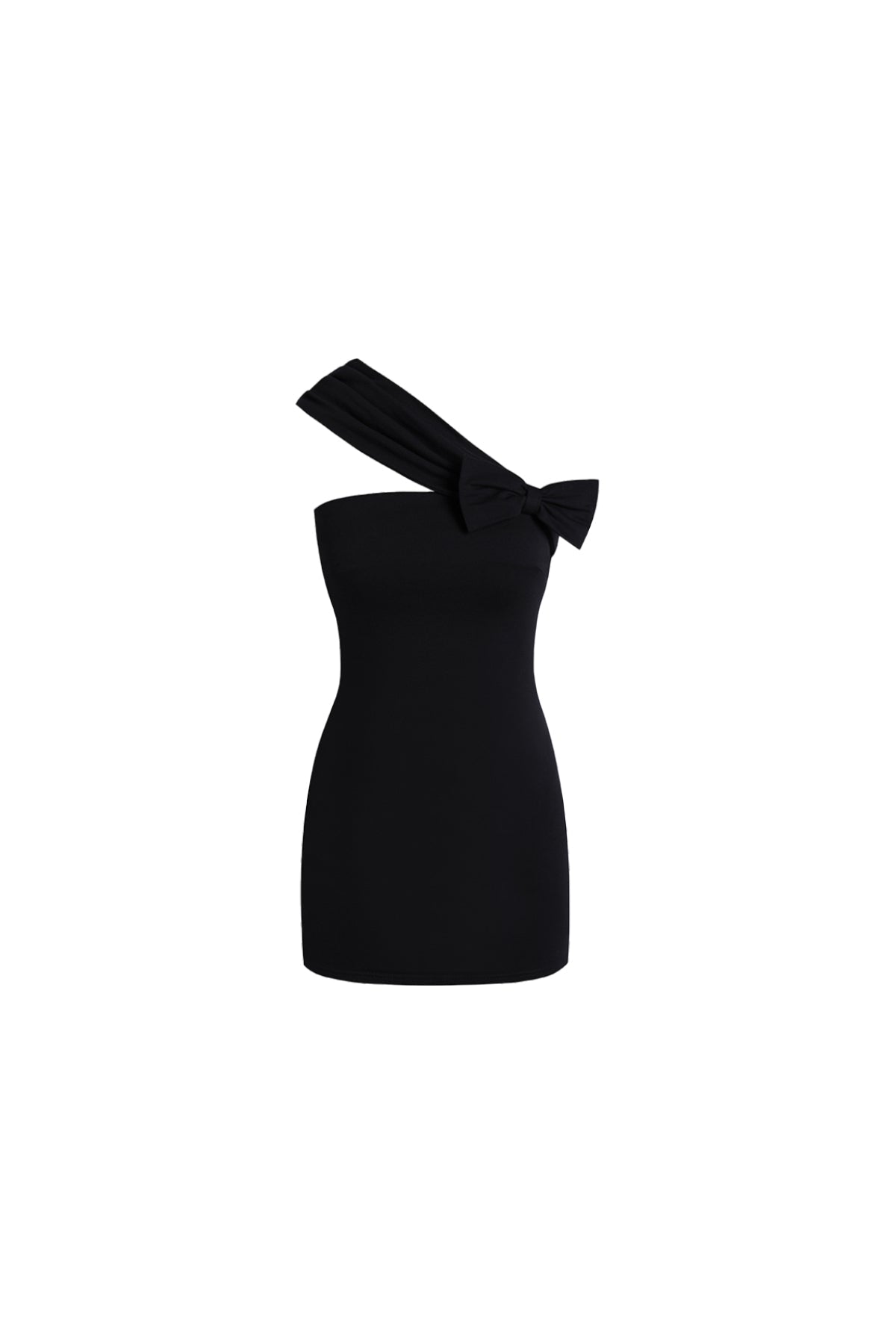 YJ1 ONE‑SHOULDER BOW BODYCON MINI DRESS IN BLACK