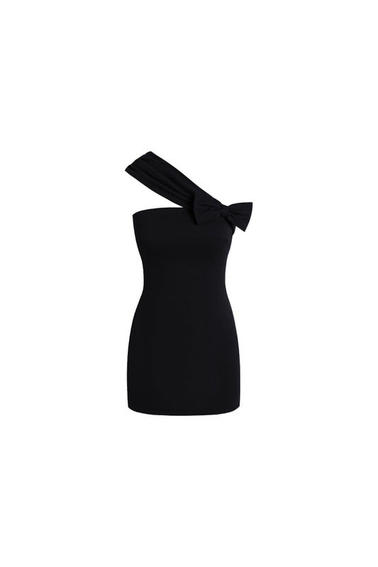 YJ1 ONE‑SHOULDER BOW BODYCON MINI DRESS IN BLACK